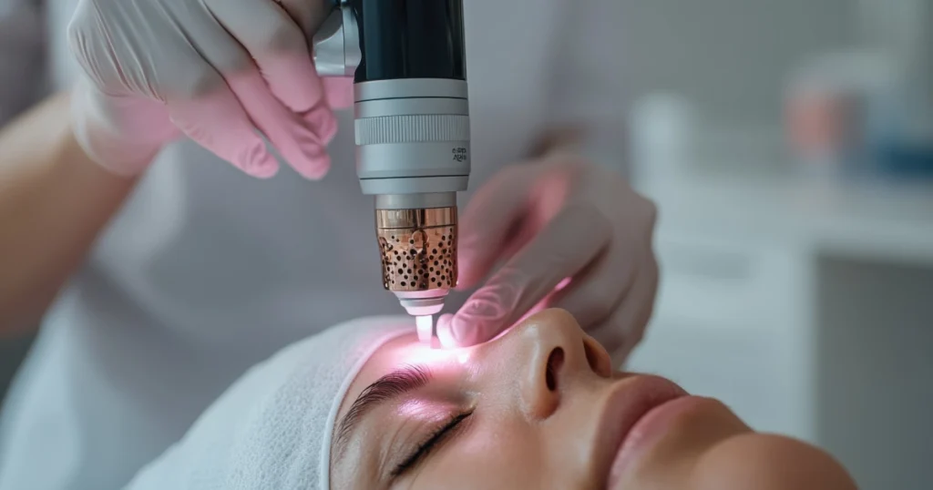 Close-up of a woman receiving Laser Hair Removal in Modesto, CA on her forehead from a clinician using a copper-tipped device emitting pink light.